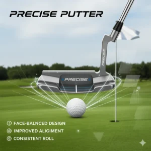 An overhead view of a precise golf set putter, highlighting the face-balanced mallet design with alignment aids for consistent and accurate putting strokes.