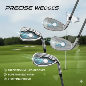 A detailed image of a precise golf set of wedges, including a pitching wedge, sand wedge, and lob wedge, featuring precision-milled grooves for superior spin and stopping power around the green.