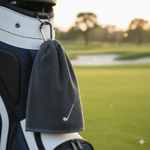 Close-up of a premium microfiber golf towel clipped to the outside of a golf bag, ready for use.