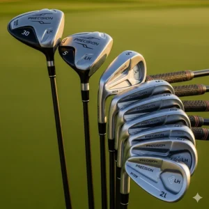 A side view of a premium, forged golf club set for an advanced left-handed male golfer, showcasing the sleek, muscle-back design.