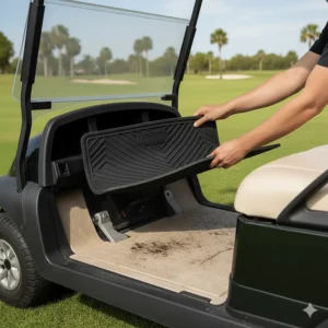 Illustration showing the new golf bag cart rubber mat placed over the OEM floor to protect factory flooring from stains and wear.