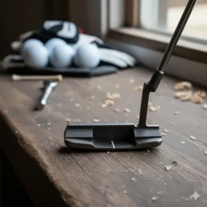 An illustration of a mallet-style putter golf club head, emphasizing its balanced weight and alignment aids for accurate putting.