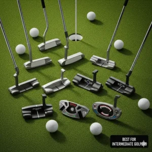 A variety of putter styles, including blade and mallet designs, demonstrating the best options for intermediate golfers to improve their short game.