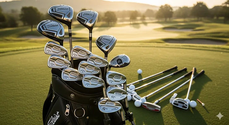 A new right-handed golf set, with a driver in the foreground and a complete bag of clubs in the background.
