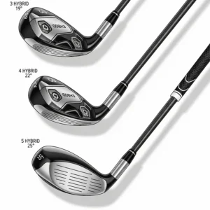 A pair of right-handed hybrid clubs, often used to replace long irons, highlighting their larger, more forgiving heads.