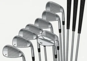 A close-up shot of a right-handed iron set, including wedges and a pitching wedge, showing the club faces and grips.