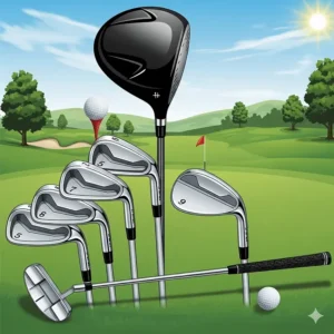 An illustration showing a great starter men's right-handed golf club set, perfect for beginners, featuring a driver, a few irons, a wedge, and a putter.