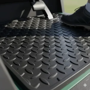 Close-up of the diamond plate rubber mat texture providing superior non-slip traction for golf cart passengers.