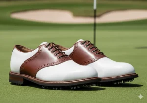 A pair of two-tone saddle-style golf shoes, ideal footwear for a traditional classic golf outfit.