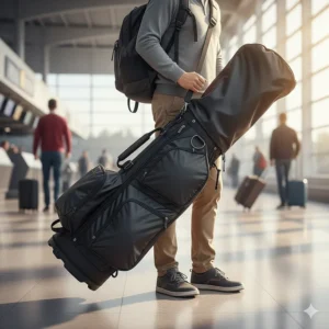 A lightweight, soft-sided golf travel bag with shoulder straps and a handle, ideal for easy transport.
