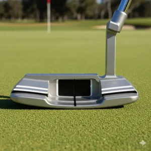 A mallet-style putter with alignment aids, promoting stability and a consistent roll for senior golfers on the green.