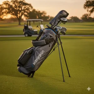 Image of the self-activating stand mechanism on the golf bag, stable on the grass beside a golf cart.