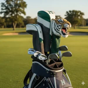 Set of matching, stylish golf club headcovers protecting the woods inside a stand bag.