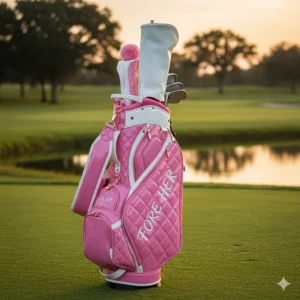 A vibrant pink and white golf bag for ladies, emphasizing stylish design and color options available.