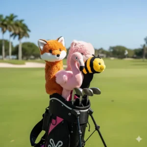 A collection of unique and stylish animal-themed driver and wood women's golf headcovers, adding personality to the golf bag.