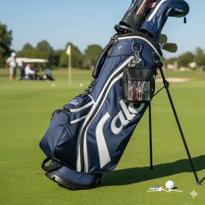 Small black golf tee bag clipped securely onto the side of a large golf stand bag.
