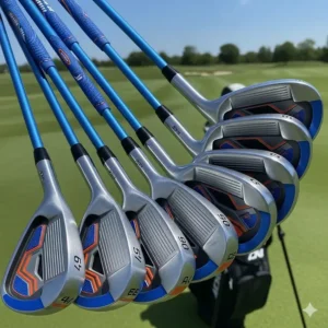 A full set of cavity-back irons for teenage golfers, showcasing different lofts and oversized clubheads.