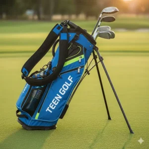 A lightweight stand bag designed for teen golf clubs, with multiple pockets and a dual shoulder strap.