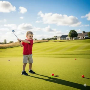An image of a toddler, approximately 3 years old, joyfully swinging a golf club on a practice green.