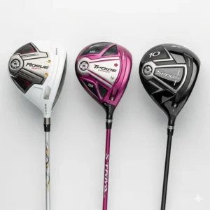 An overhead shot of three top-rated ladies golf drivers from different brands, showcasing their unique designs and features.