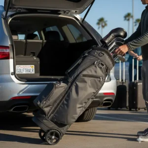 A top rated golf travel bag being loaded into a car, highlighting its durable construction and ease of transport.
