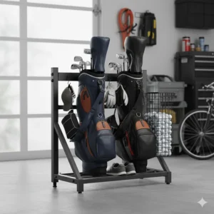 Detail shot of a heavy-duty **golf bag holder** designed to comfortably hold two or more golf bags and other equipment.