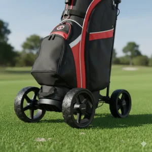 A close-up of a two-wheeled golf bag, showing the durable, all-terrain wheels designed for easy transport.