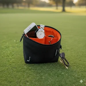 Internal view of the valuables pouch showing dedicated, velour-lined pockets for a phone, watch, and keys.