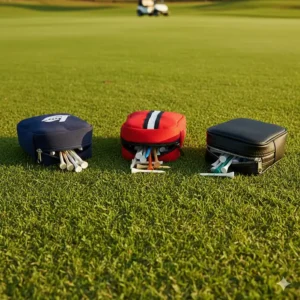 Lay flat of three different golf tee bags—one canvas, one neoprene, and one synthetic leather—in blue, red, and black.