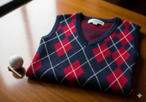 A navy and red argyle sweater vest, a timeless piece for creating a classic golf outfit.