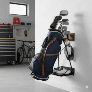 Close-up view of a **wall mount golf bag holder**, demonstrating its space-saving design and easy installation in a garage.