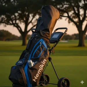 Sleek black waterproof cart golf bag with an easily accessible exterior cooler pouch for beverages.