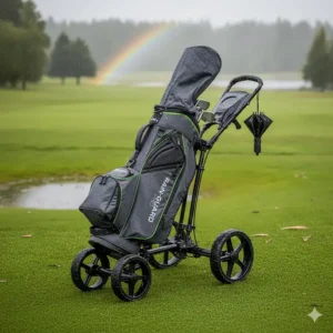 Sturdy waterproof cart golf bag securely mounted on a push trolley.