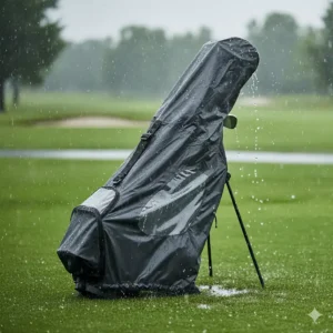 Durable waterproof rain cover protecting a golf bag and clubs from a downpour on the course.
