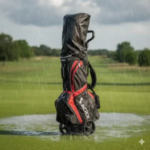 A waterproof golf bag with wheels, showcasing its rain hood and water-resistant zippers for protecting clubs in wet weather.