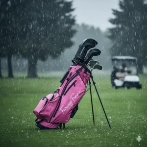 A completely waterproof pink golf bag with sealed zippers, ideal for protecting clubs and gear in rainy conditions.