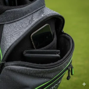 Inside a fleece-lined, waterproof pocket, safely storing a phone and wallet.