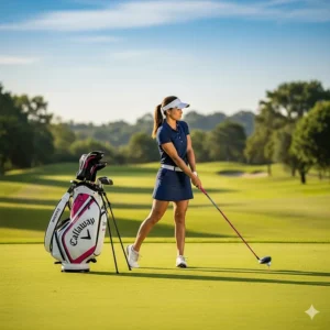 A female golfer standing on a fairway with her Callaway women's golf bag, ready to play.