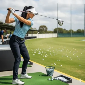 A woman at a golf driving range practicing her long game with a new ladies golf driver, surrounded by other golf balls.