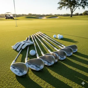 A full set of women's golf irons displayed on a putting green, ready for a game.