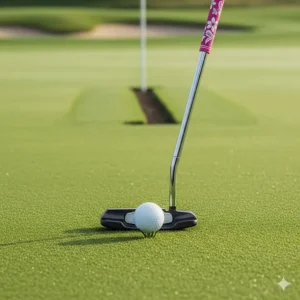 A photograph of a petite women's putter club on a putting green, ready for a short putt.