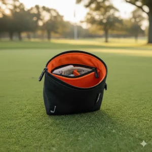 Detail of the hidden zippered pocket inside the golf valuables pouch for securing cash or smaller essentials.