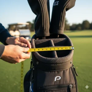 Measuring the large top opening (9-inch cuff) of a premium golf bag equipped with full-length dividers.