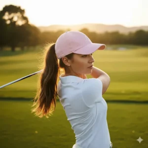 An adjustable pink ladies golf cap with a ponytail opening, designed for comfort and performance during a swing.