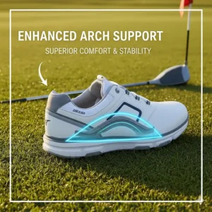 Graphic highlighting the enhanced arch support and cushioning in premium mens wide golf shoes.