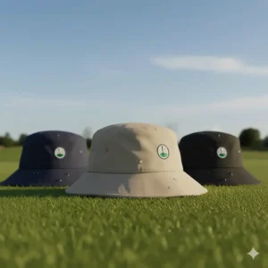 Assortment of men's bucket golf hats in various colors like navy, black, and beige.