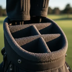 Detail shot of the soft, protective lining material used for the full-length dividers in high-quality golf bags.