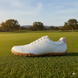 Side profile of the women's barefoot golf shoe, clearly showing the non-elevated, zero-drop design.