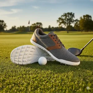 Underside view showing the non-slip, spikeless traction pattern on the barefoot golf shoes for men.