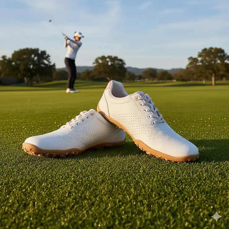Barefoot golf shoes for women on a vibrant green fairway, highlighting the wide toe box and flexible zero-drop sole.